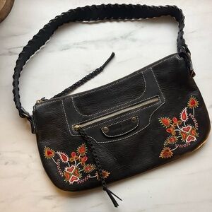 Francesco Biasia Black Leather Embroidered Handbag Shoulder Hobo Boho Braided